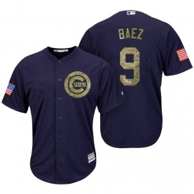Male Chicago Cubs Javier Baez #9 Navy Camo Flag Patch Cool Base Jersey