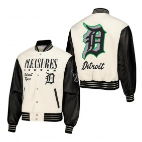 Men's Detroit Tigers PLEASURES White Full-Snap Varsity Jacket