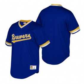 Milwaukee Brewers Royal Cooperstown Collection Mesh Wordmark V-Neck Mitchell & Ness Jersey Men's