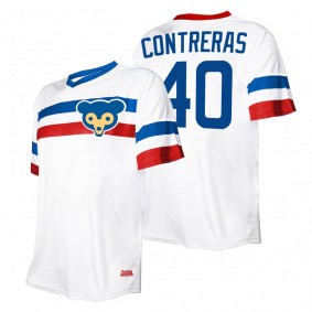 Men's Chicago Cubs Willson Contreras Stitches White Cooperstown Collection V-Neck Jersey