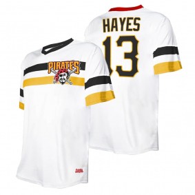 Men's Pittsburgh Pirates Ke'Bryan Hayes Stitches White Cooperstown Collection V-Neck Jersey