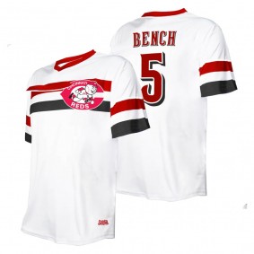 Men's Cincinnati Reds Johnny Bench Stitches White Cooperstown Collection V-Neck Jersey