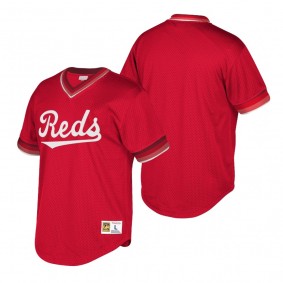 Cincinnati Reds Red Cooperstown Collection Mesh Wordmark V-Neck Mitchell & Ness Jersey Men's