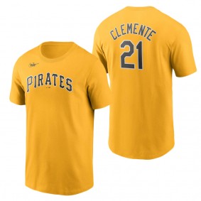 Men's Pittsburgh Pirates Roberto Clemente Gold Cooperstown Collection Name & Number T-Shirt