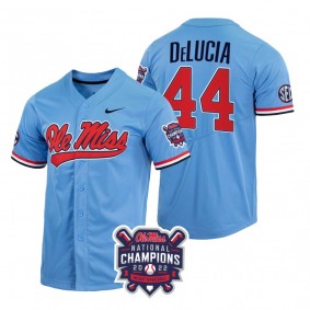 Ole Miss Rebels #44 Dylan DeLucia Blue 2022 College World Series Champions NCAA Baseball Jersey