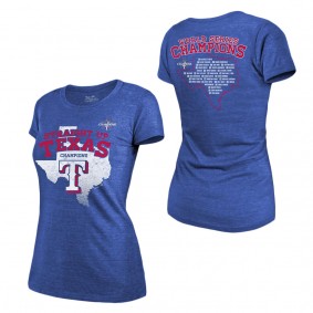Women's Texas Rangers Majestic Threads Royal 2023 World Series Champions Local Ground Rules Roster Tri-Blend T-Shirt