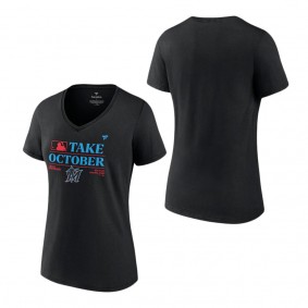 Women's Miami Marlins Fanatics Branded Black 2023 Postseason Locker Room V-Neck T-Shirt