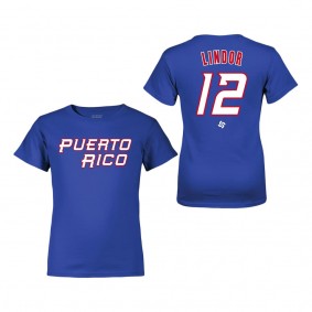 Youth Puerto Rico Baseball Francisco Lindor LEGENDS Royal 2023 World Baseball Classic Name & Number T-Shirt