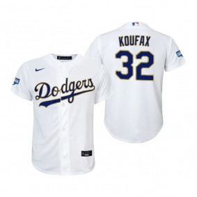Youth Dodgers Sandy Koufax White Gold 2021 Gold Program Replica Jersey